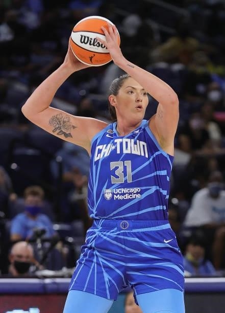 Stefanie Dolson of the Chicago Sky looks to pass against the Las Vegas Aces at Wintrust Arena on September 05, 2021 in Chicago, Illinois. The Sky...