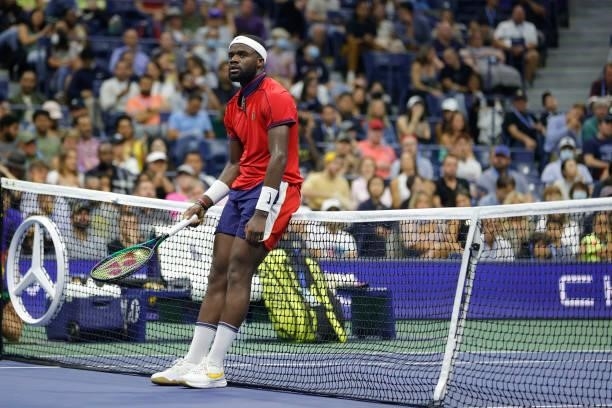 Frances Tiafoe of the United States reacts as he plays against Felix Auger-Aliassime of Canada during his Men’s Singles round of 16 match on Day...