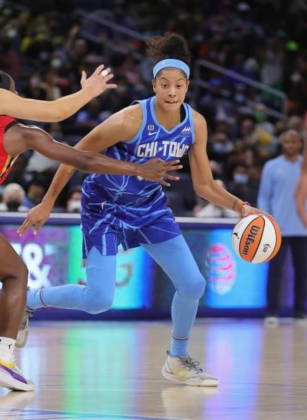 Candace Parker of the Chicago Sky moves against the Las Vegas Aces at Wintrust Arena on September 05, 2021 in Chicago, Illinois. The Sky defeated the...
