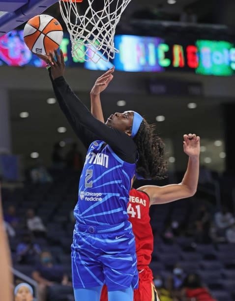 Kahleah Copper of the Chicago Sky drives to the basket against Kiah Stokes of the Las Vegas Aces at Wintrust Arena on September 05, 2021 in Chicago,...