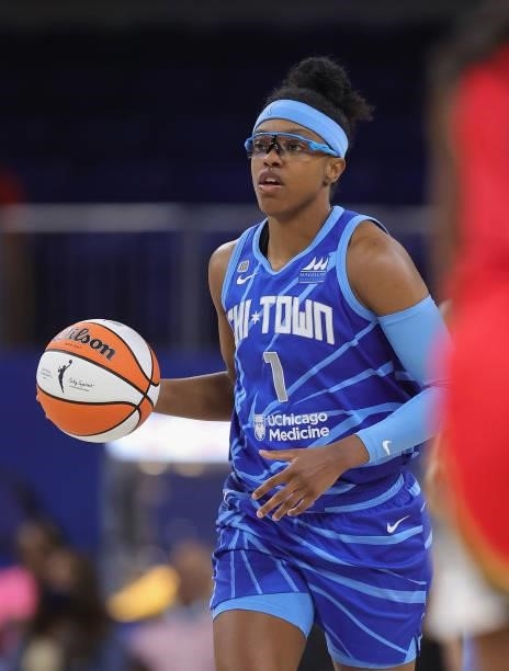 Diamond DeShields of the Chicago Sky brings the ball up the court against at Wintrust Arena on September 05, 2021 in Chicago, Illinois. The Sky...