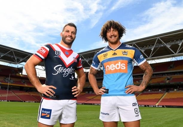 Sydney Roosters captain James Tedesco and Gold Coast Titans captain Kevin Proctor pose for photos during the 2021 NRL Finals series launch at Suncorp...