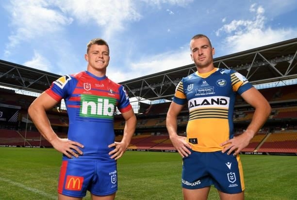 Newcastle Knights captain Jayden Brailey and Parramatta Eels captain Clint Gutherson pose for photos during the 2021 NRL Finals series launch at...