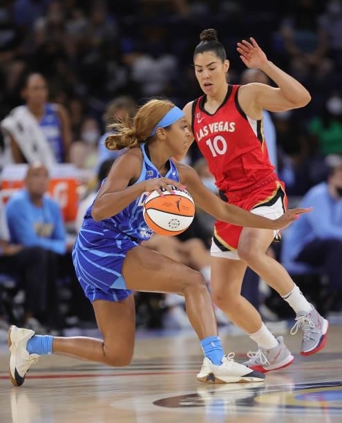 Lexie Brown of the Chicago Sky moves against Kelsey Plum of the Las Vegas Aces at Wintrust Arena on September 05, 2021 in Chicago, Illinois. The Sky...