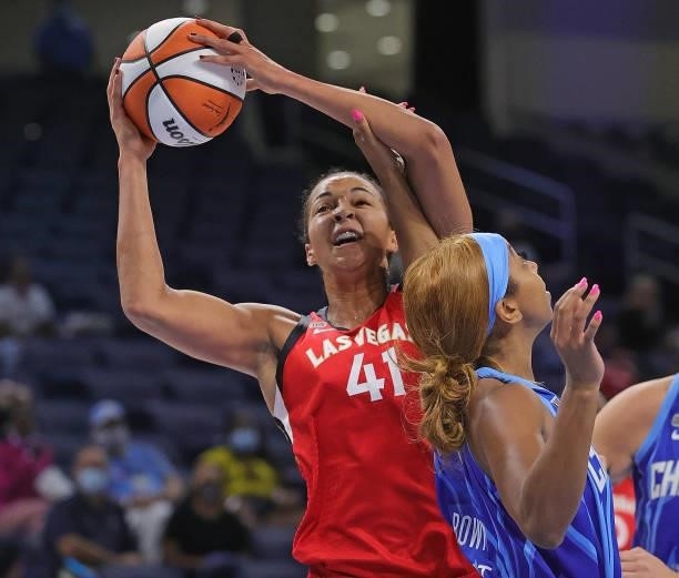 Kiah Stokes of the Las Vegas Aces is fouled by Lexie Brown of the Chicago Sky at Wintrust Arena on September 05, 2021 in Chicago, Illinois.