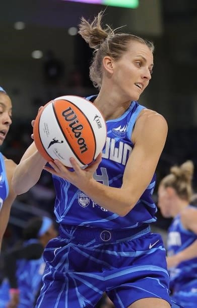Allie Quigley of the Chicago Sky rebounds against the Las Vegas Aces at Wintrust Arena on September 05, 2021 in Chicago, Illinois. The Sky defeated...