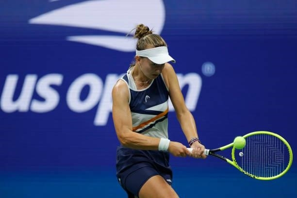 Barbora Krejcikova of Czech Republic returns the ball against Garbine Muguruza of Spain during their Women's Singles fourth round match on Day Seven...