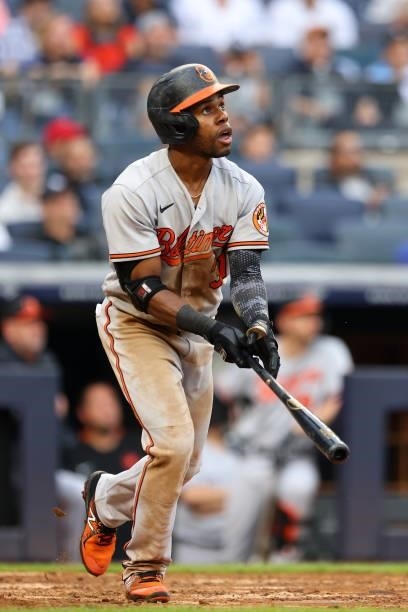 Cedric Mullins of the Baltimore Orioles hits a two-run home run against the New York Yankees during the sixth inning of a game at Yankee Stadium on...