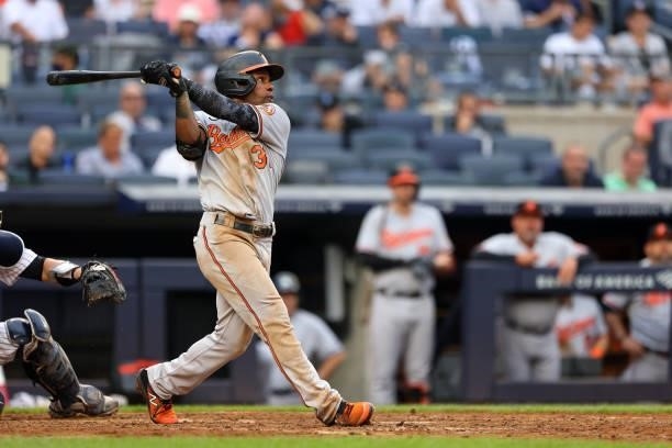 Cedric Mullins of the Baltimore Orioles in action against the New York Yankees during a game at Yankee Stadium on September 5, 2021 in New York City.