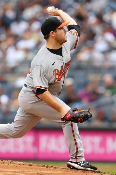 Keegan Akin of the Baltimore Orioles in action against the New York Yankees during a game at Yankee Stadium on September 5, 2021 in New York City.