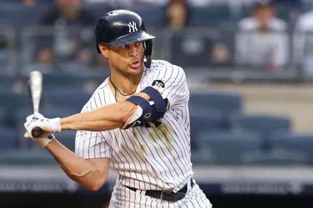 Giancarlo Stanton of the New York Yankees in action against the Baltimore Orioles during a game at Yankee Stadium on September 5, 2021 in New York...
