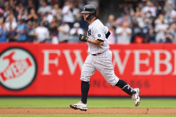 Gary Sanchez of the New York Yankees rounds the bases after he hit a grand slam home run against the Baltimore Orioles during the second inning of a...