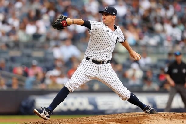 Andrew Heaney of the New York Yankees in action against the Baltimore Orioles during a game at Yankee Stadium on September 5, 2021 in New York City.