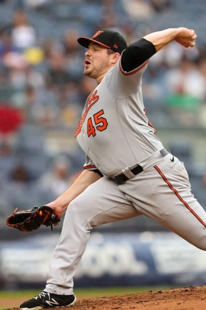 Keegan Akin of the Baltimore Orioles in action against the New York Yankees during a game at Yankee Stadium on September 5, 2021 in New York City.