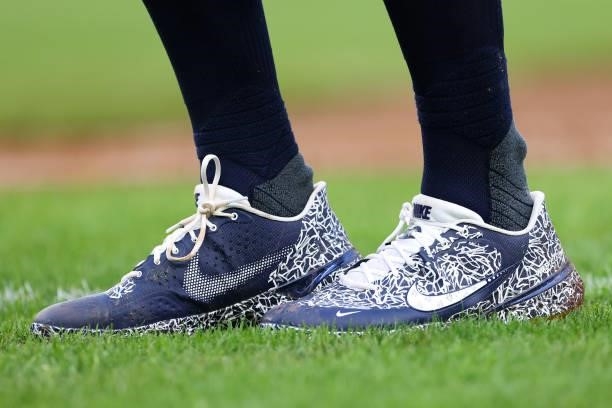 The Nike shoes worn by Anthony Rizzo of the New York Yankees in action against the Baltimore Orioles during a game at Yankee Stadium on September 5,...