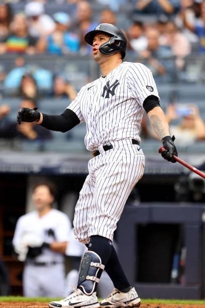 Gary Sanchez of the New York Yankees hits a grand slam home run against the Baltimore Orioles during the second inning of a game at Yankee Stadium on...