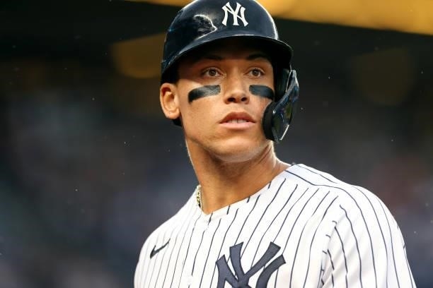 Aaron Judge of the New York Yankees in action against the Baltimore Orioles during a game at Yankee Stadium on September 5, 2021 in New York City.