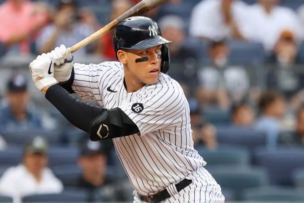 Aaron Judge of the New York Yankees in action against the Baltimore Orioles during a game at Yankee Stadium on September 5, 2021 in New York City.