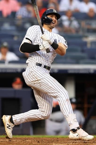 Joey Gallo of the New York Yankees in action against the Baltimore Orioles during a game at Yankee Stadium on September 5, 2021 in New York City.