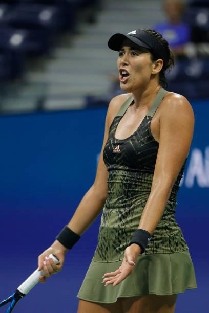 Garbine Muguruza of Spain reacts against Barbora Krejcikova of Czech Republic during their Women's Singles fourth round match on Day Seven at the...