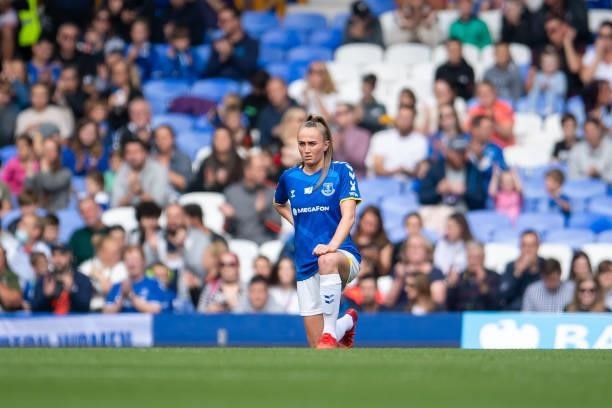 Megan Finnigan of Everton Women takes the knee during the Barclays FA Women's Super League match between Everton Women and Manchester City Women at...