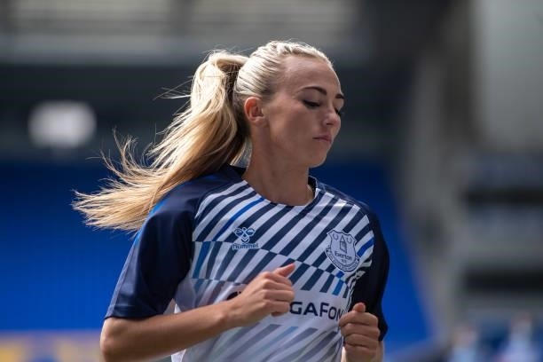 Toni Duggan of Everton Women warms up for the Barclays FA Women's Super League match between Everton Women and Manchester City Women at Goodison Park...