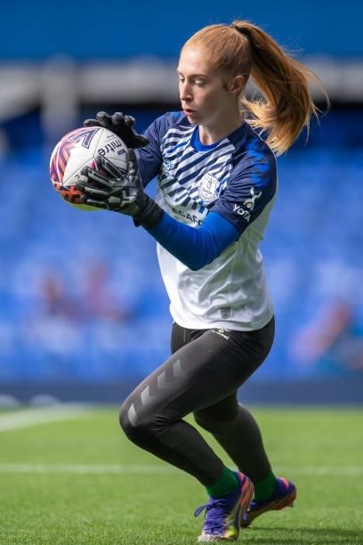 Sandy MacIver of Everton Women warms up for the Barclays FA Women's Super League match between Everton Women and Manchester City Women at Goodison...