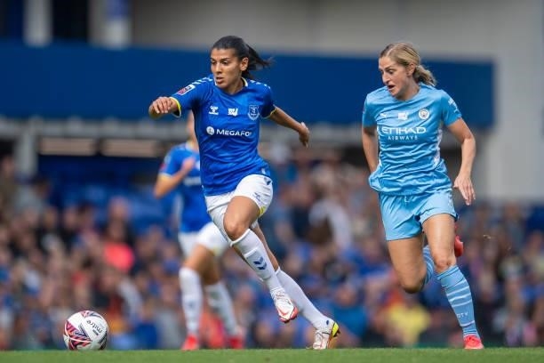 Kenza Dali of Everton Women on the ball during the Barclays FA Women's Super League match between Everton Women and Manchester City Women at Goodison...