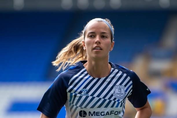 Rikke Sevecke of Everton Women warms up for the Barclays FA Women's Super League match between Everton Women and Manchester City Women at Goodison...