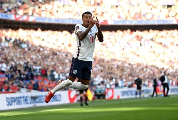 Jesse Lingard of England celebrates after scoring his team's first goal during the 2022 FIFA World Cup Qualifier match between England and Andorra at...