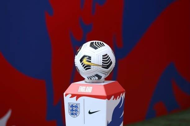 The match ball is pictured prior to the 2022 FIFA World Cup Qualifier match between England and Andorra at Wembley Stadium on September 05, 2021 in...