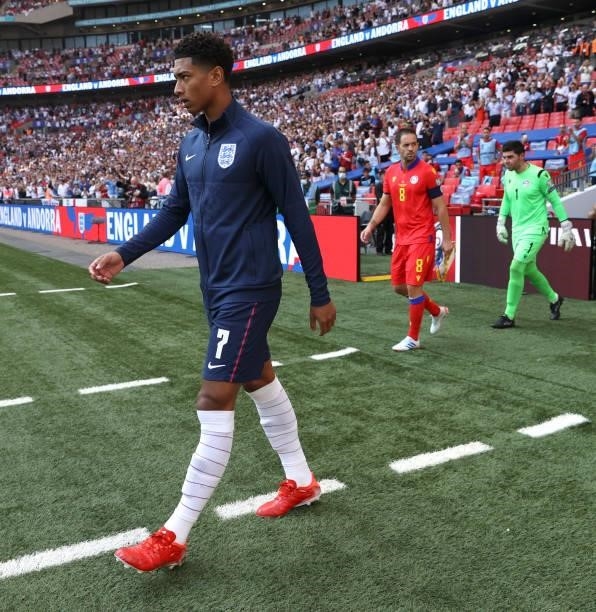 Jude Bellingham of England walks onto the pitch prior to the 2022 FIFA World Cup Qualifier match between England and Andorra at Wembley Stadium on...