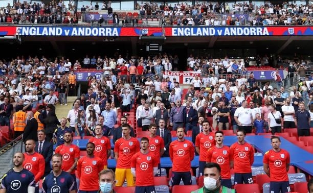 England substitutes sing the national anthem prior to the 2022 FIFA World Cup Qualifier match between England and Andorra at Wembley Stadium on...