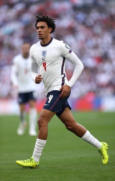 Trent Alexander-Arnold of England looks on during the 2022 FIFA World Cup Qualifier match between England and Andorra at Wembley Stadium on September...
