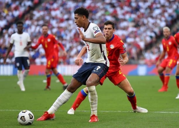 Jude Bellingham of England battles for possession during the 2022 FIFA World Cup Qualifier match between England and Andorra at Wembley Stadium on...