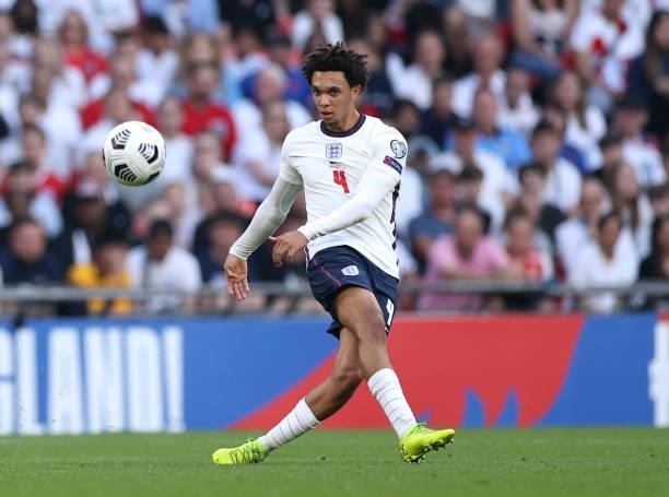 Trent Alexander-Arnold of England passes the ball during the 2022 FIFA World Cup Qualifier match between England and Andorra at Wembley Stadium on...