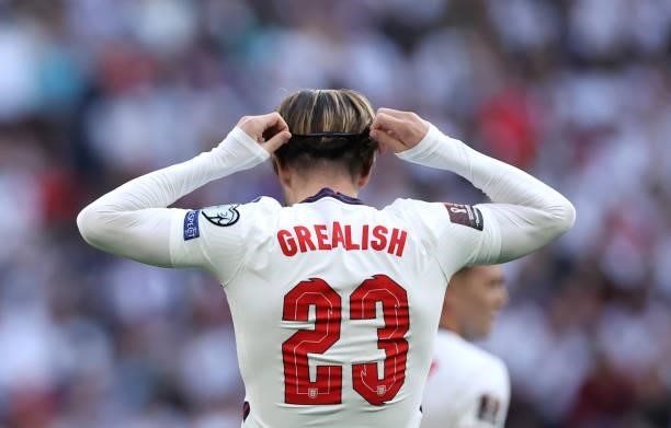 Jack Grealish of England looks on during the 2022 FIFA World Cup Qualifier match between England and Andorra at Wembley Stadium on September 05, 2021...