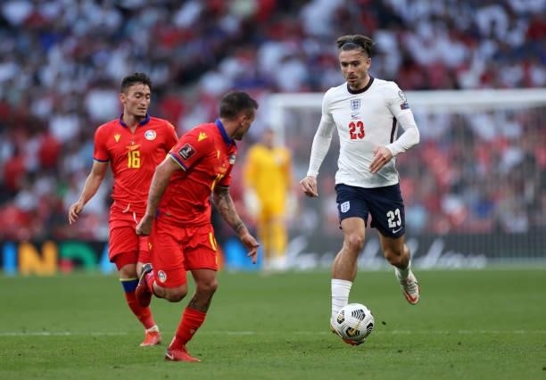 Jack Grealish of England runs with the ball during the 2022 FIFA World Cup Qualifier match between England and Andorra at Wembley Stadium on...