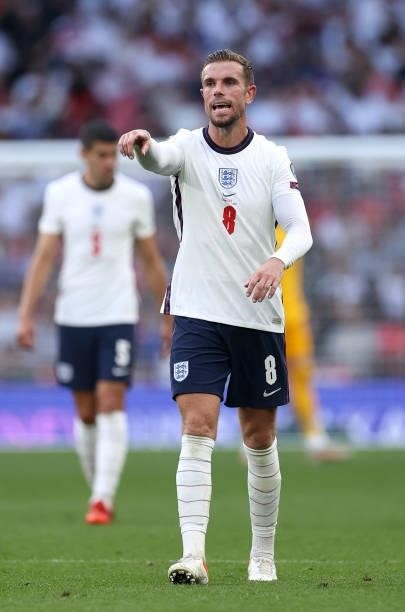 Jordan Henderson of England reacts during the 2022 FIFA World Cup Qualifier match between England and Andorra at Wembley Stadium on September 05,...