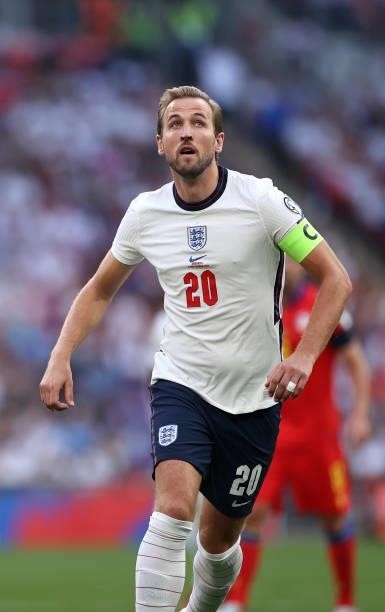 Harry Kane of England looks on during the 2022 FIFA World Cup Qualifier match between England and Andorra at Wembley Stadium on September 05, 2021 in...