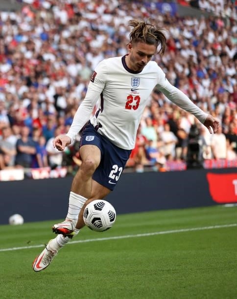 Jack Grealish of England controls the ball during the 2022 FIFA World Cup Qualifier match between England and Andorra at Wembley Stadium on September...