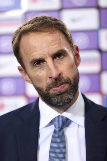 Gareth Southgate, Head Coach of England talks to the media following the 2022 FIFA World Cup Qualifier match between England and Andorra at Wembley...