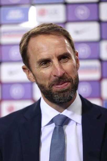 Gareth Southgate, Head Coach of England talks to the media following the 2022 FIFA World Cup Qualifier match between England and Andorra at Wembley...