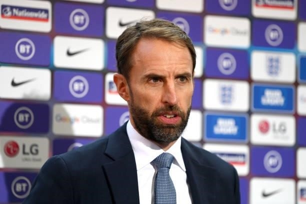 Gareth Southgate, Head Coach of England talks to the media prior to the 2022 FIFA World Cup Qualifier match between England and Andorra at Wembley...