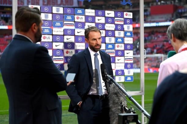 Gareth Southgate, Head Coach of England talks to the media prior to the 2022 FIFA World Cup Qualifier match between England and Andorra at Wembley...