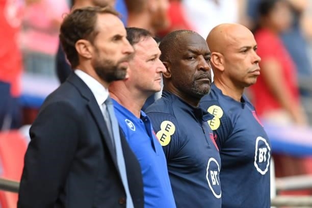 England Coach Chris Powell looks on as he lines up alongside the England coaching staff prior to the 2022 FIFA World Cup Qualifier match between...