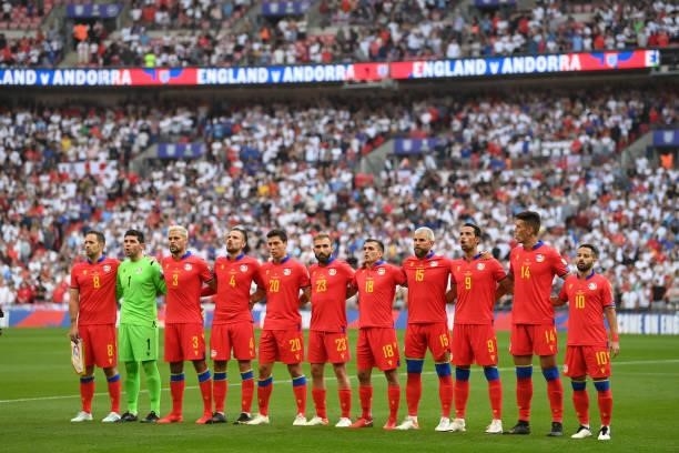Players of Andorra line up for the national anthem prior to the 2022 FIFA World Cup Qualifier match between England and Andorra at Wembley Stadium on...