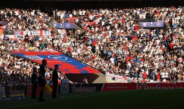 England fans look on during the 2022 FIFA World Cup Qualifier match between England and Andorra at Wembley Stadium on September 05, 2021 in London,...