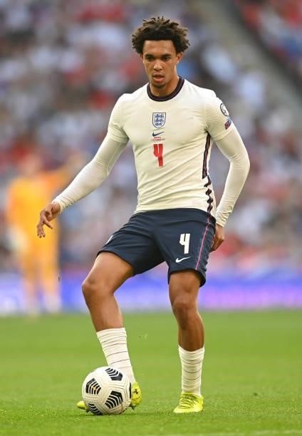 Trent Alexander-Arnold of England runs with the ball during the 2022 FIFA World Cup Qualifier match between England and Andorra at Wembley Stadium on...
