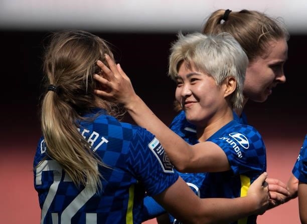 Erin Cuthbert of Chelsea celebrates her goal with So-Yun Ji during the Barclays FA Women's Super League match between Arsenal Women and Chelsea Women...